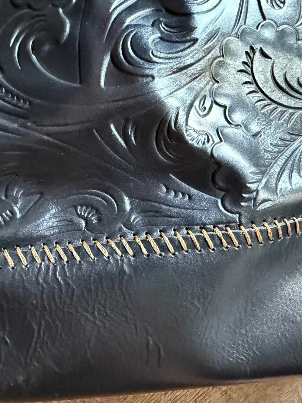 Patricia Nash Black Tooled Leather Floral Tote with Contrast Whipstitch